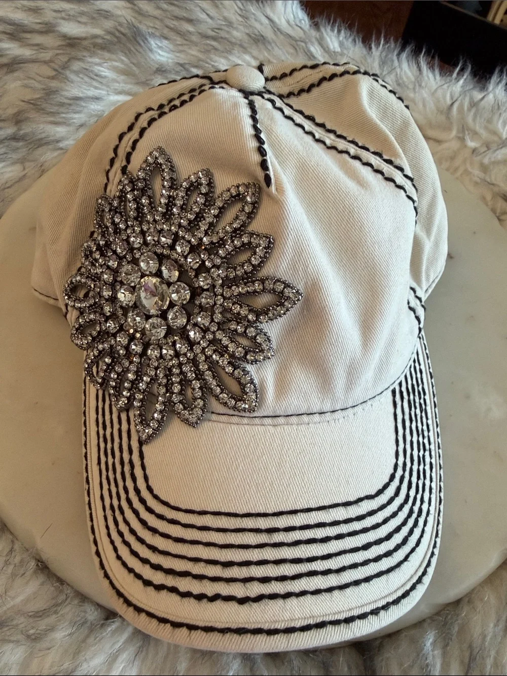 OLIVE & PIQUE Embellished Crystal Flower Baseball Cap - White